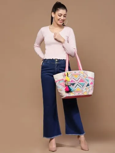 Anekaant Kooky Natural & Multi Boho Geometric Embellished Handloom Cotton Jacquard Tote Bag