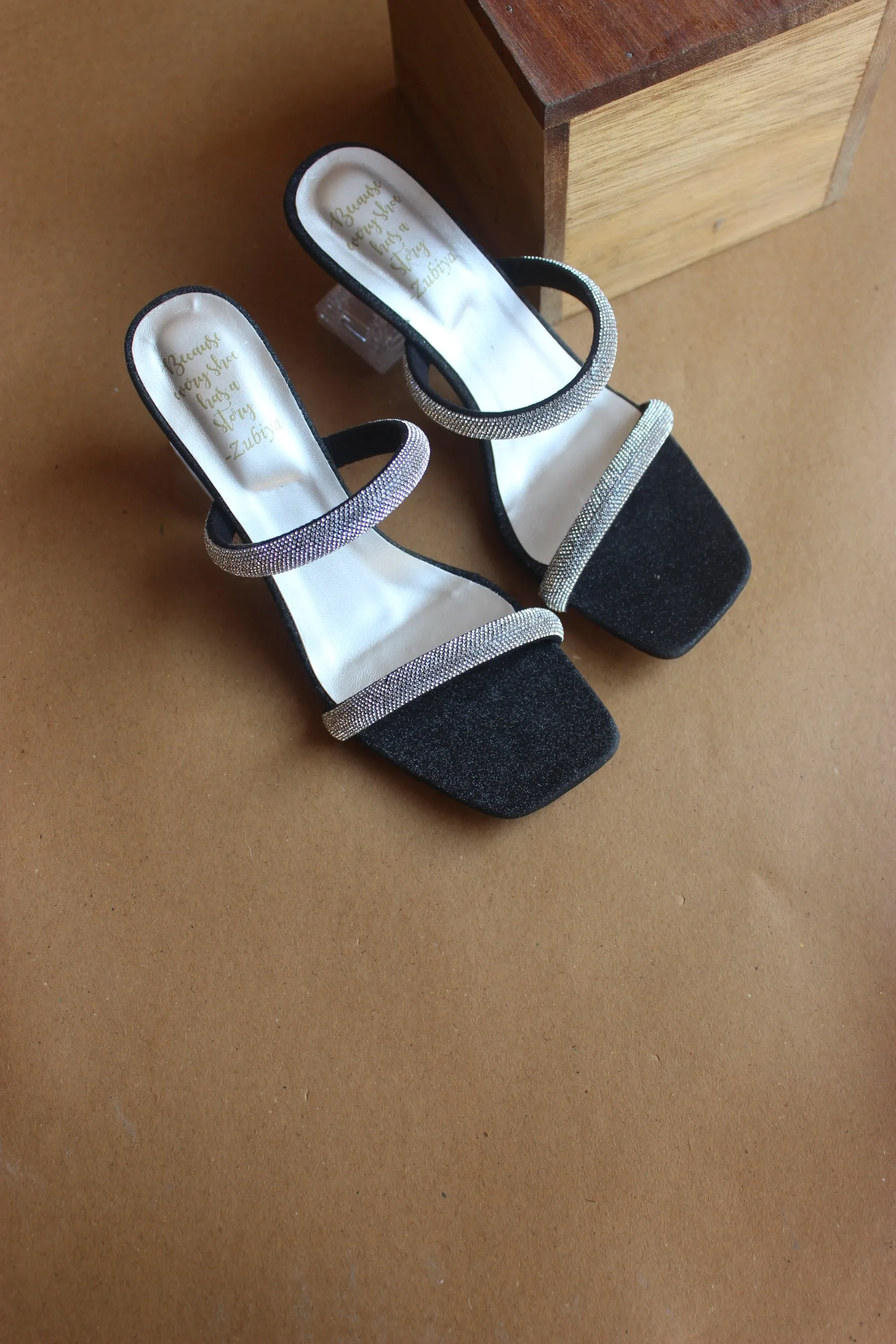 Black double strappy crystal heel
