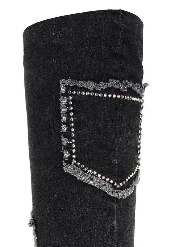 Eilish Rhinestones Knee High Denim Boots