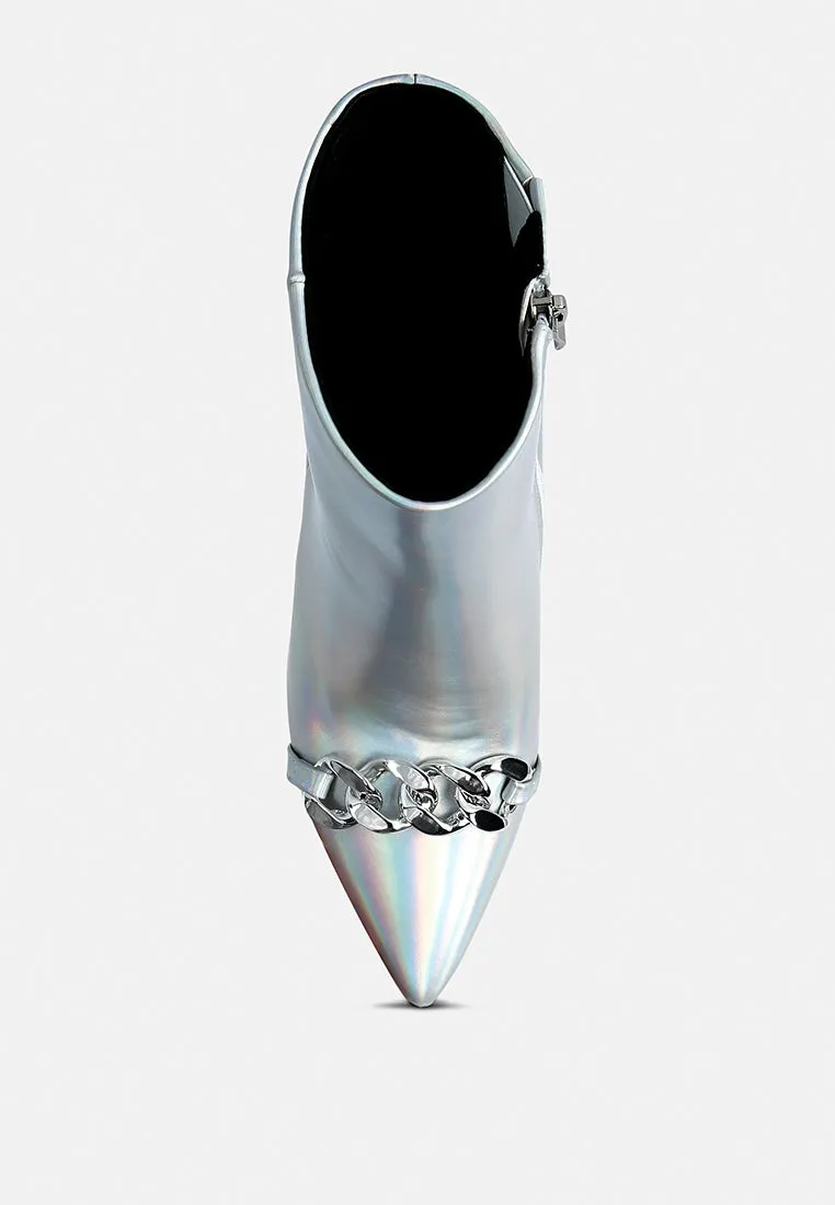 firefly metallic chain embellished stiletto ankle boots