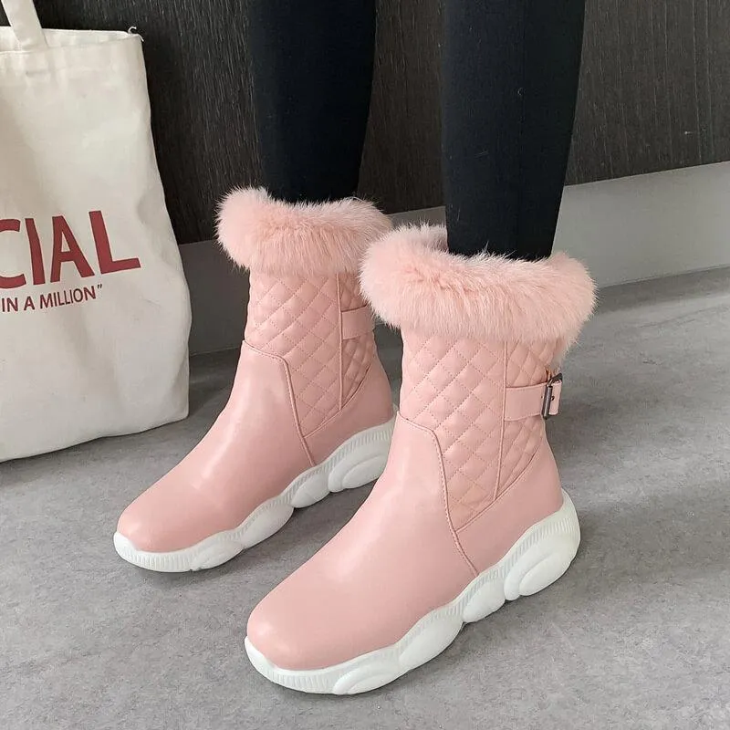 Fur Leather Round Toe Flat Calf Boots