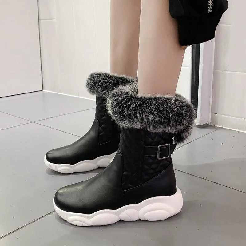 Fur Leather Round Toe Flat Calf Boots