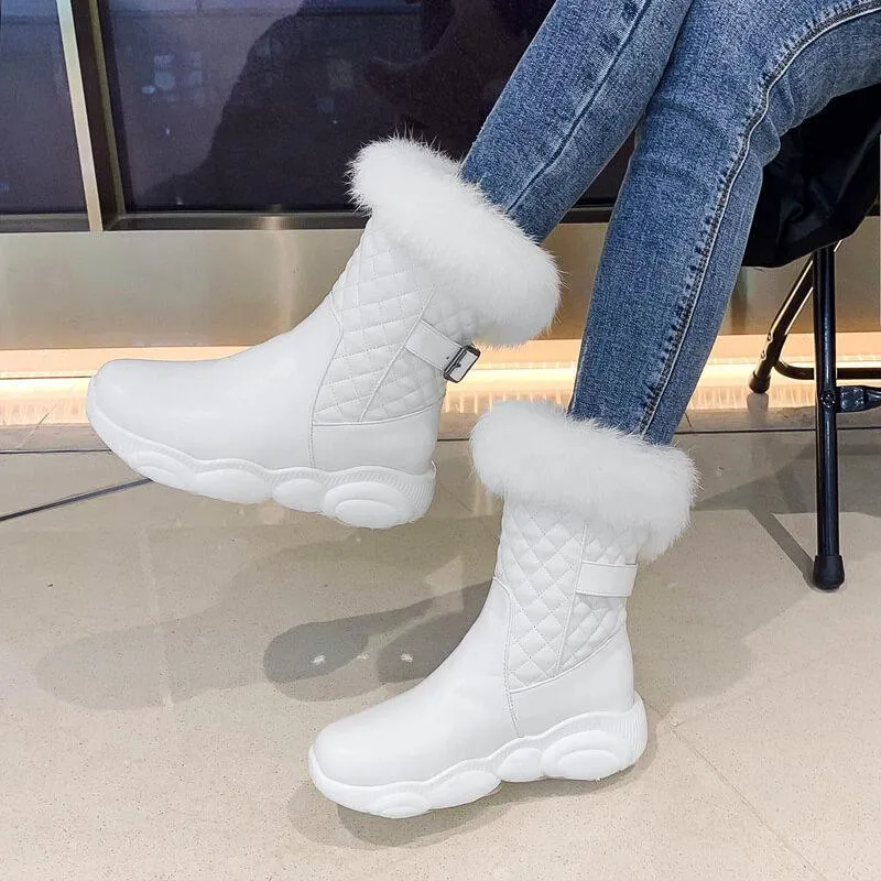 Fur Leather Round Toe Flat Calf Boots