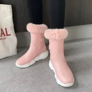 Fur Leather Round Toe Flat Calf Boots