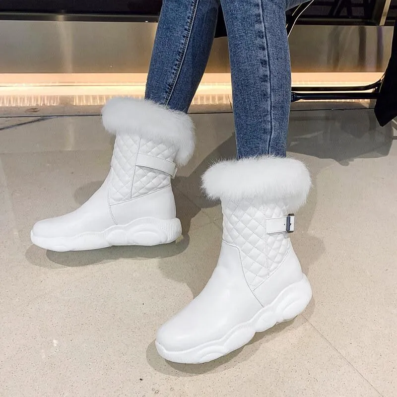 Fur Leather Round Toe Flat Calf Boots