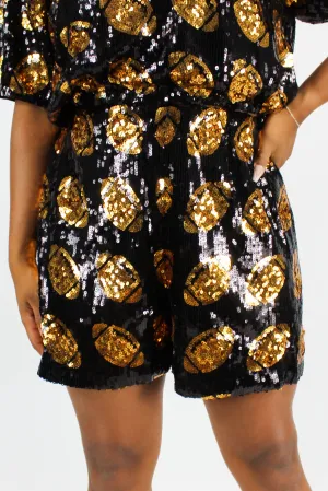 Gameday Energy Sequin Shorts in Black/Gold