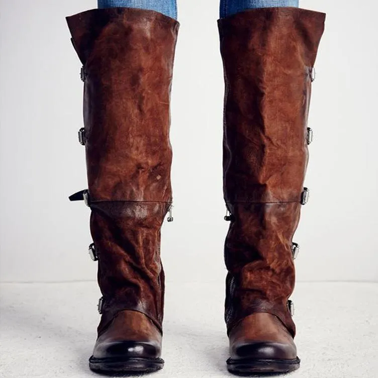 Leather Buckle Low Heel Knee High Boots