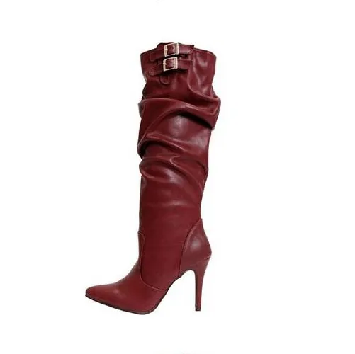 Leather High Heel Buckle Fold Knee High Boots