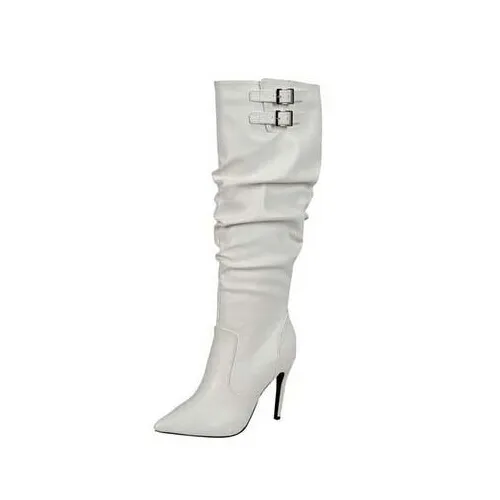 Leather High Heel Buckle Fold Knee High Boots