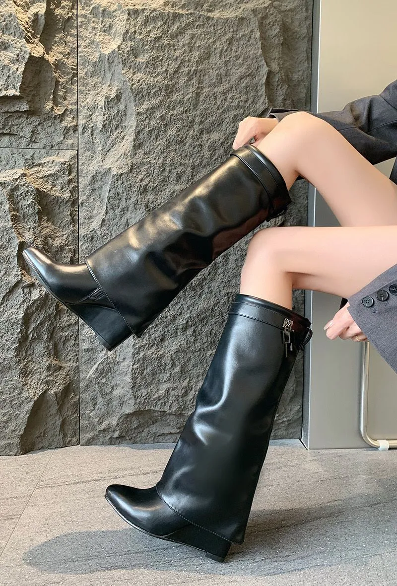Leather Knee-High Boots Zipper Detail Wedge heel -Black