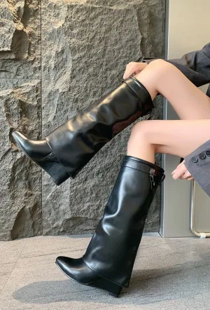 Leather Knee-High Boots Zipper Detail Wedge heel -Black