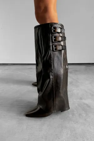 LENA Knee High Buckle Boots - Brown