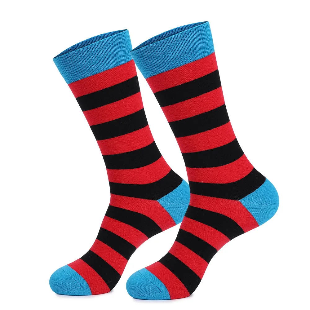 Men's 3 Pairs Striped Cotton Socks Black Red Blue
