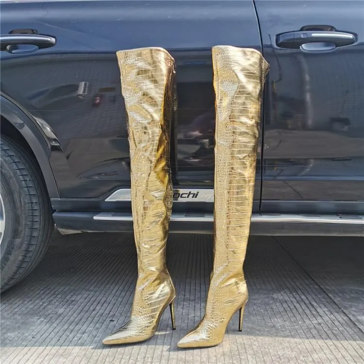 Party PU Gold Point Toe High Heel Over Knee Boots