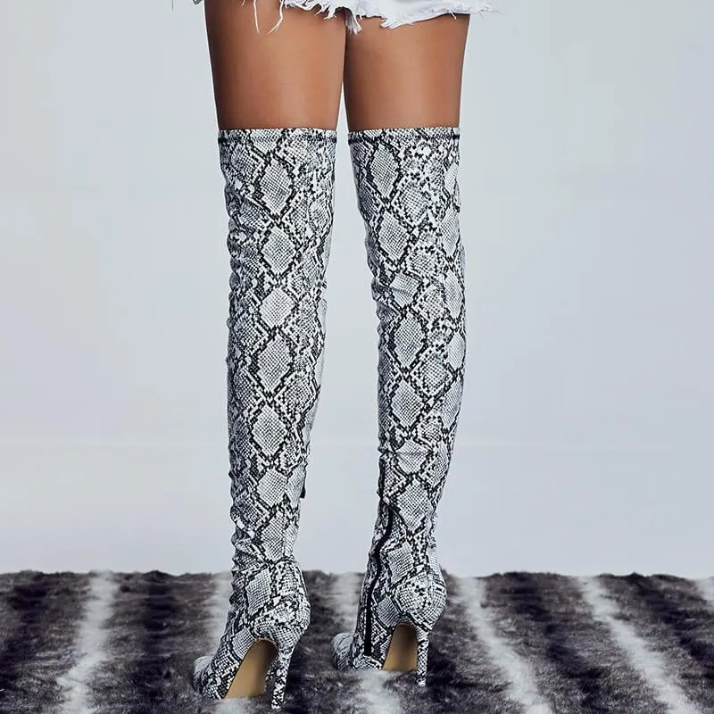 Party Snakeskin Leather High Heel Over Knee Boots