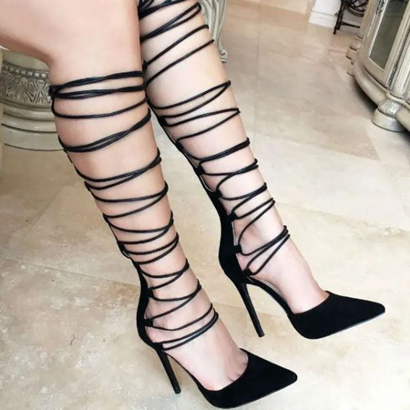 Peep Toe Strap Cutout Knee High Boots