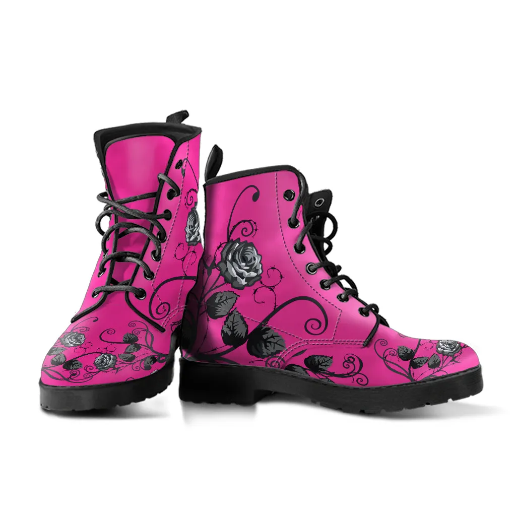 Pink Combat Boots - Gray Roses | Boho Shoes, Handmade Vegan Leather Lace Up Boots, 2000s Boots, Aesthetic Shoes, Pink Flat Boots, Summer
