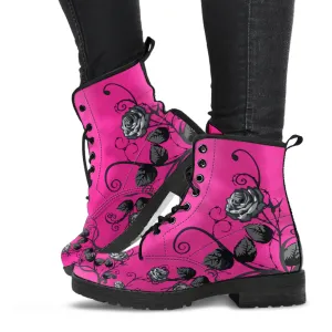 Pink Combat Boots - Gray Roses | Boho Shoes, Handmade Vegan Leather Lace Up Boots, 2000s Boots, Aesthetic Shoes, Pink Flat Boots, Summer