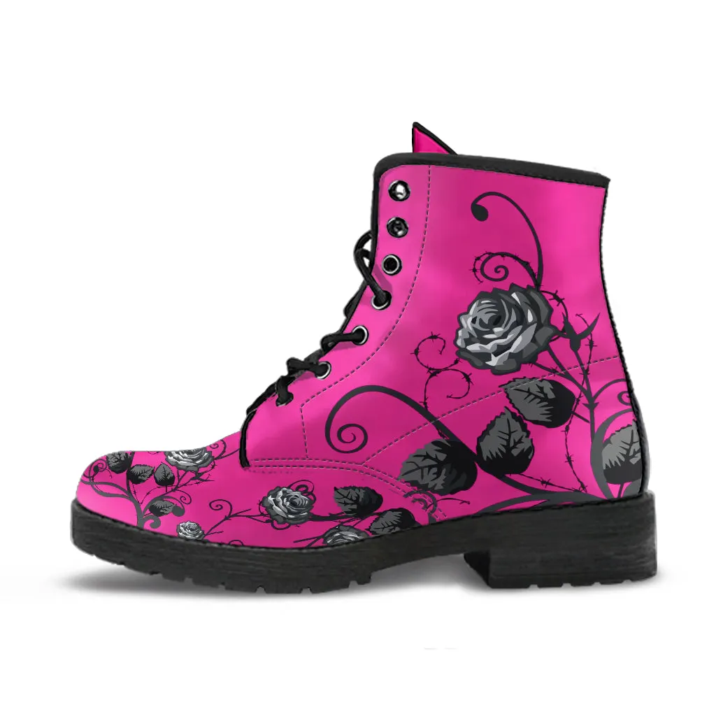 Pink Combat Boots - Gray Roses | Boho Shoes, Handmade Vegan Leather Lace Up Boots, 2000s Boots, Aesthetic Shoes, Pink Flat Boots, Summer