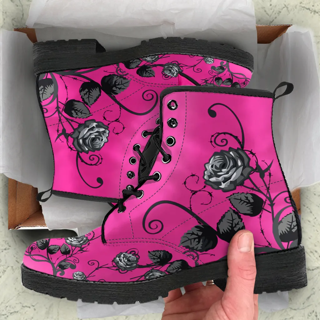 Pink Combat Boots - Gray Roses | Boho Shoes, Handmade Vegan Leather Lace Up Boots, 2000s Boots, Aesthetic Shoes, Pink Flat Boots, Summer