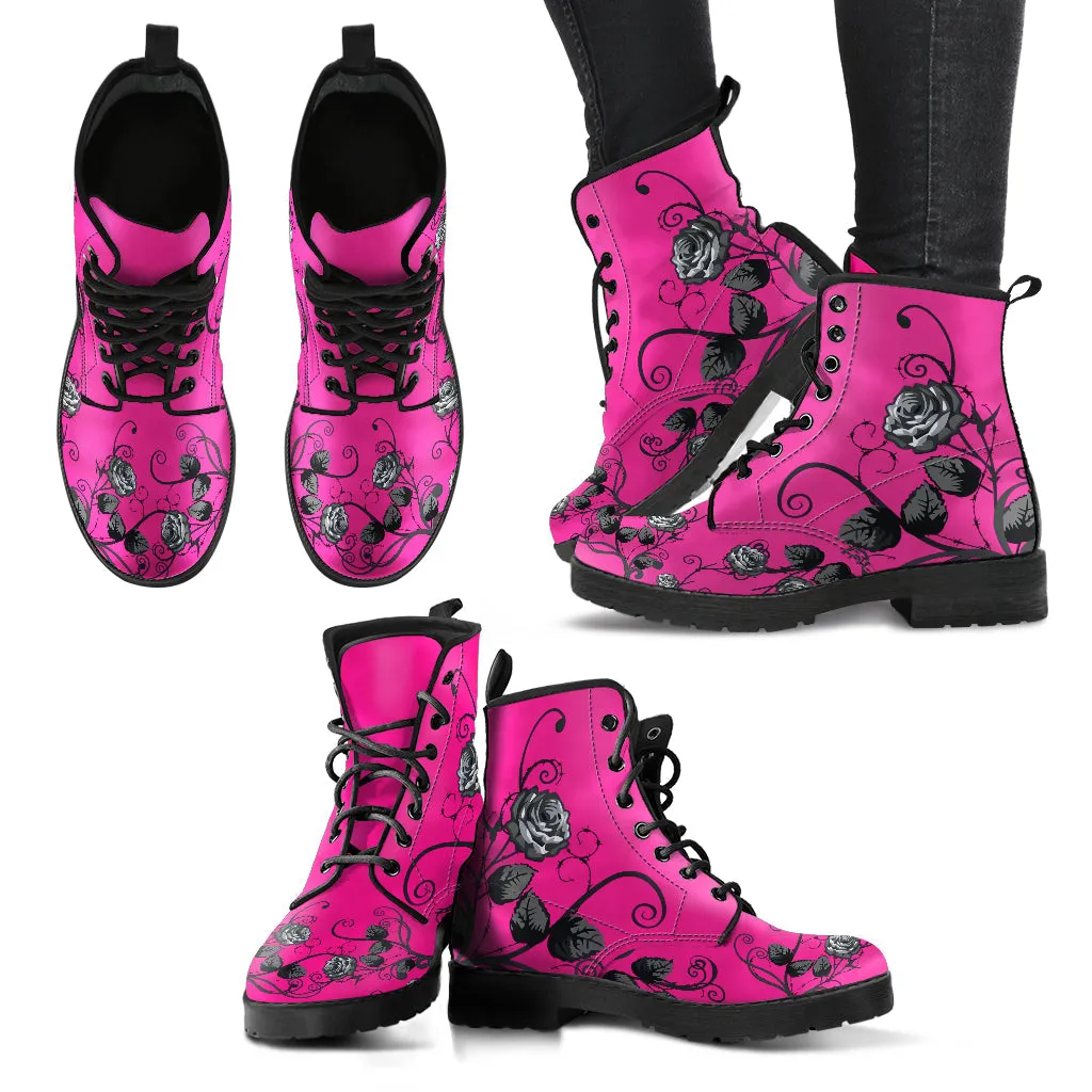 Pink Combat Boots - Gray Roses | Boho Shoes, Handmade Vegan Leather Lace Up Boots, 2000s Boots, Aesthetic Shoes, Pink Flat Boots, Summer