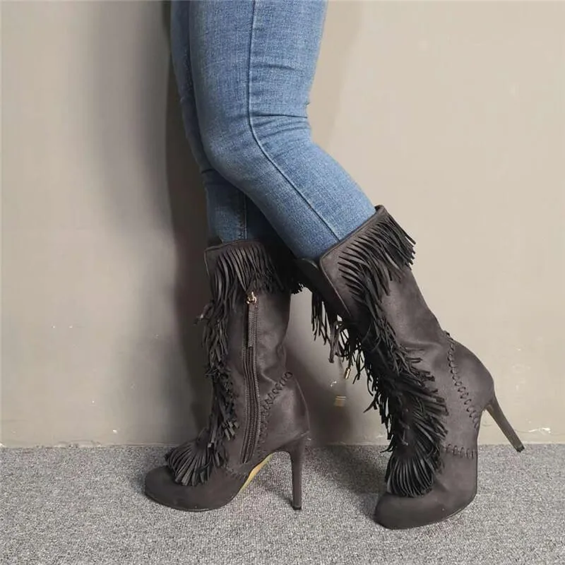 Sexy Gray Suede Fringe Strap Pointed Toe High Heel Boots
