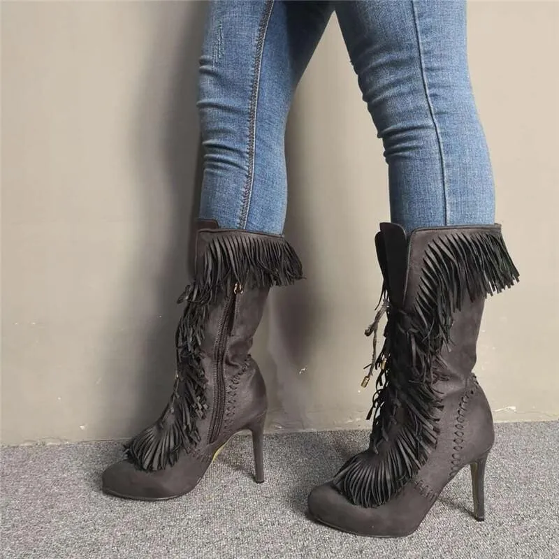 Sexy Gray Suede Fringe Strap Pointed Toe High Heel Boots