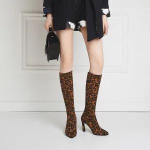 Sexy Leopard Suede Point Toe Knee High Boots