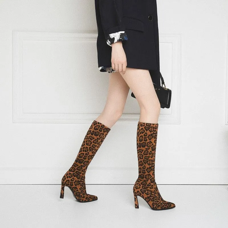 Sexy Leopard Suede Point Toe Knee High Boots