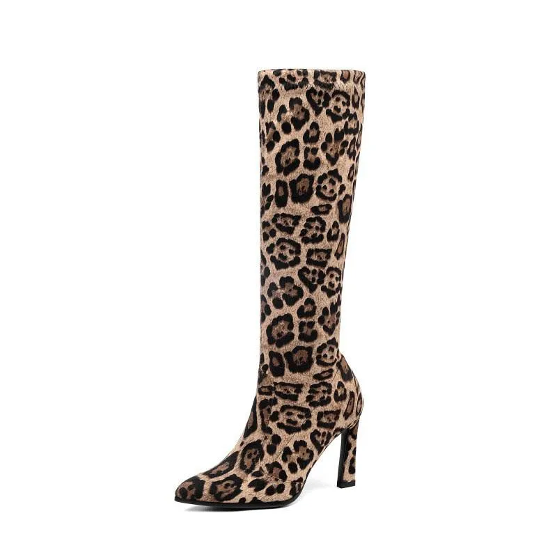 Sexy Leopard Suede Point Toe Knee High Boots