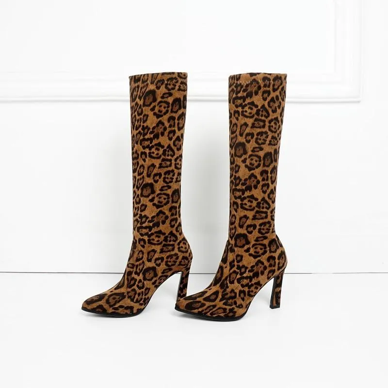 Sexy Leopard Suede Point Toe Knee High Boots