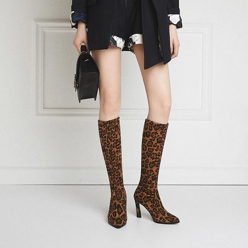 Sexy Leopard Suede Point Toe Knee High Boots