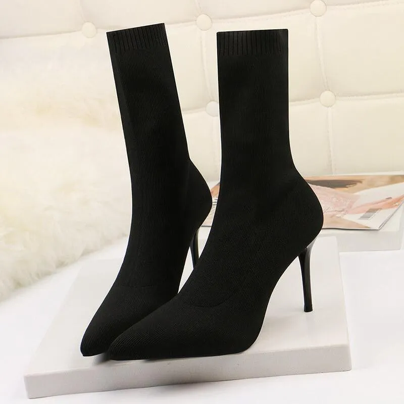 Sexy Point Toe Stretch High Heel Sock Calf Boots