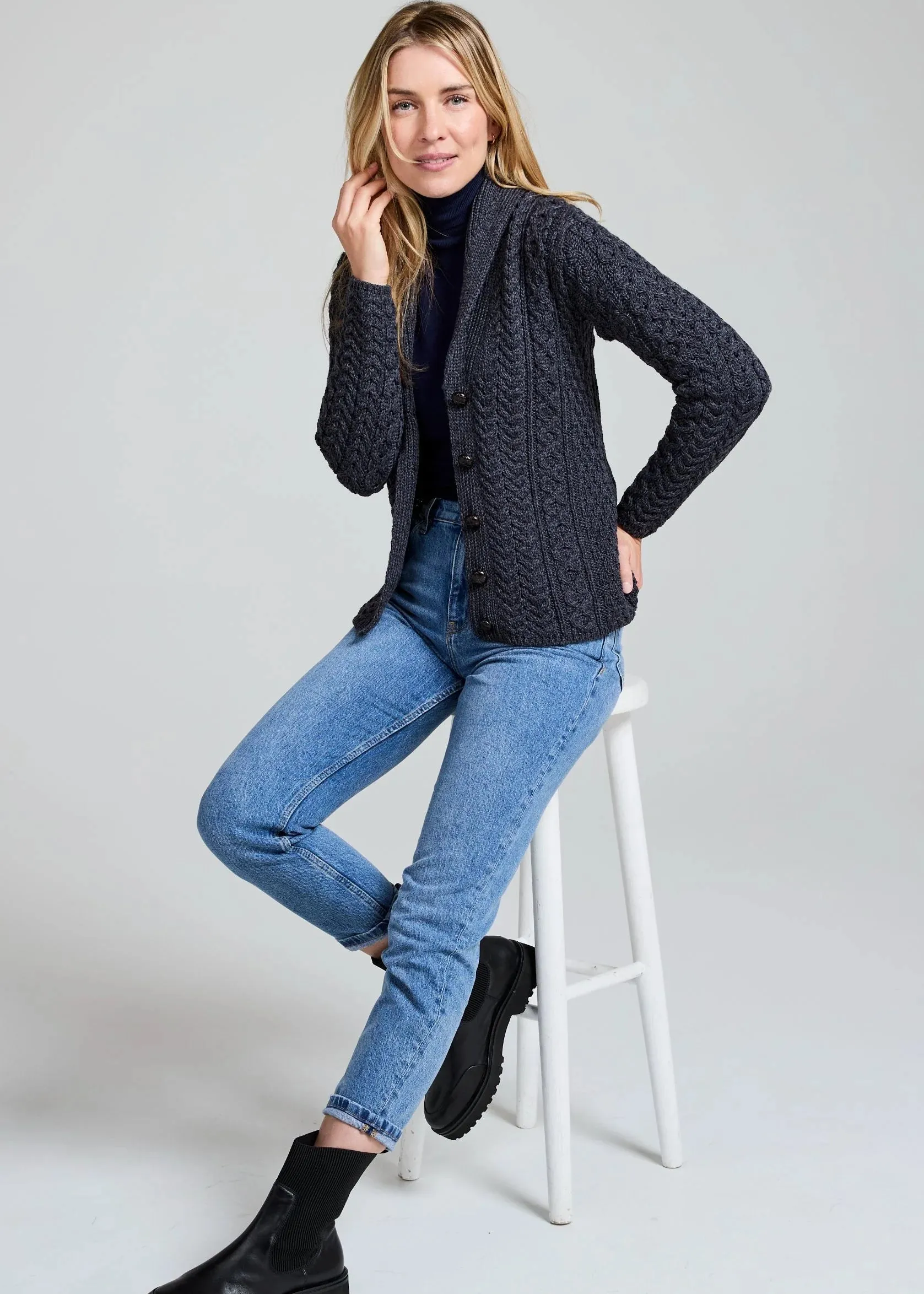Shawl Collar Aran Cardigan | Charcoal