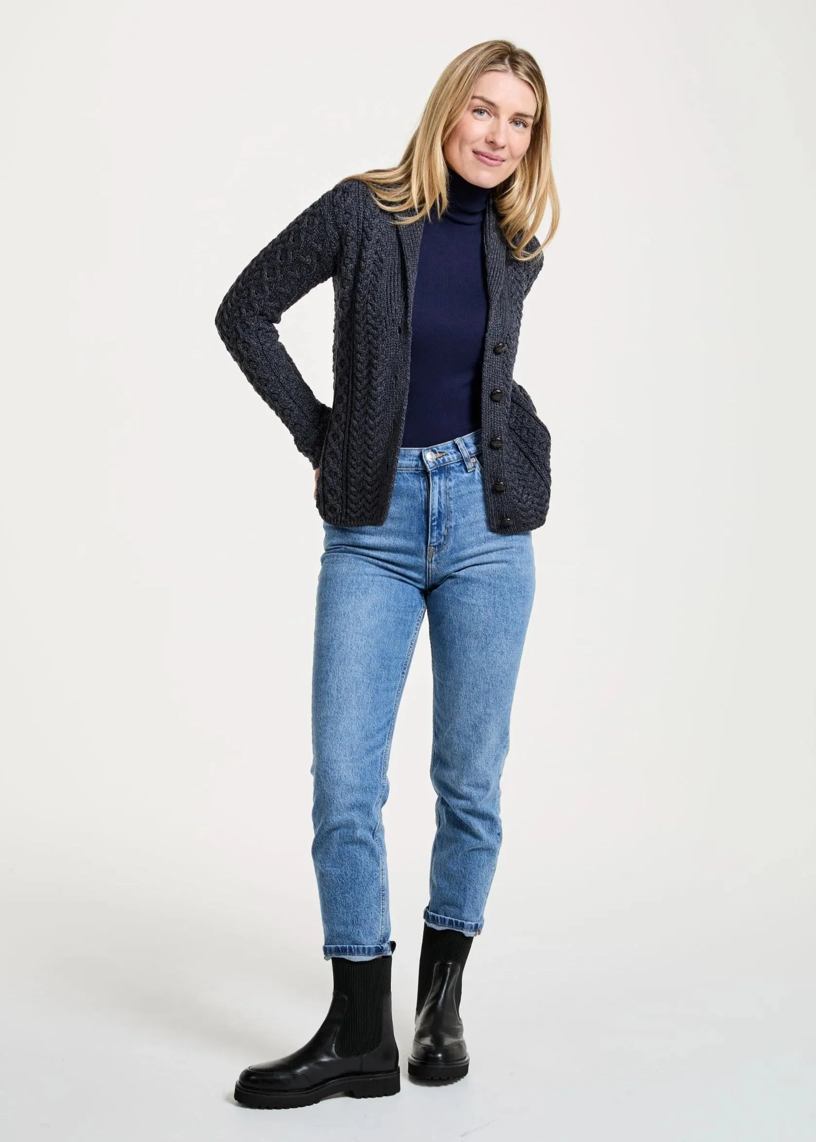 Shawl Collar Aran Cardigan | Charcoal