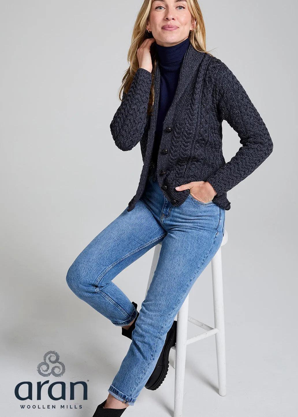 Shawl Collar Aran Cardigan | Charcoal