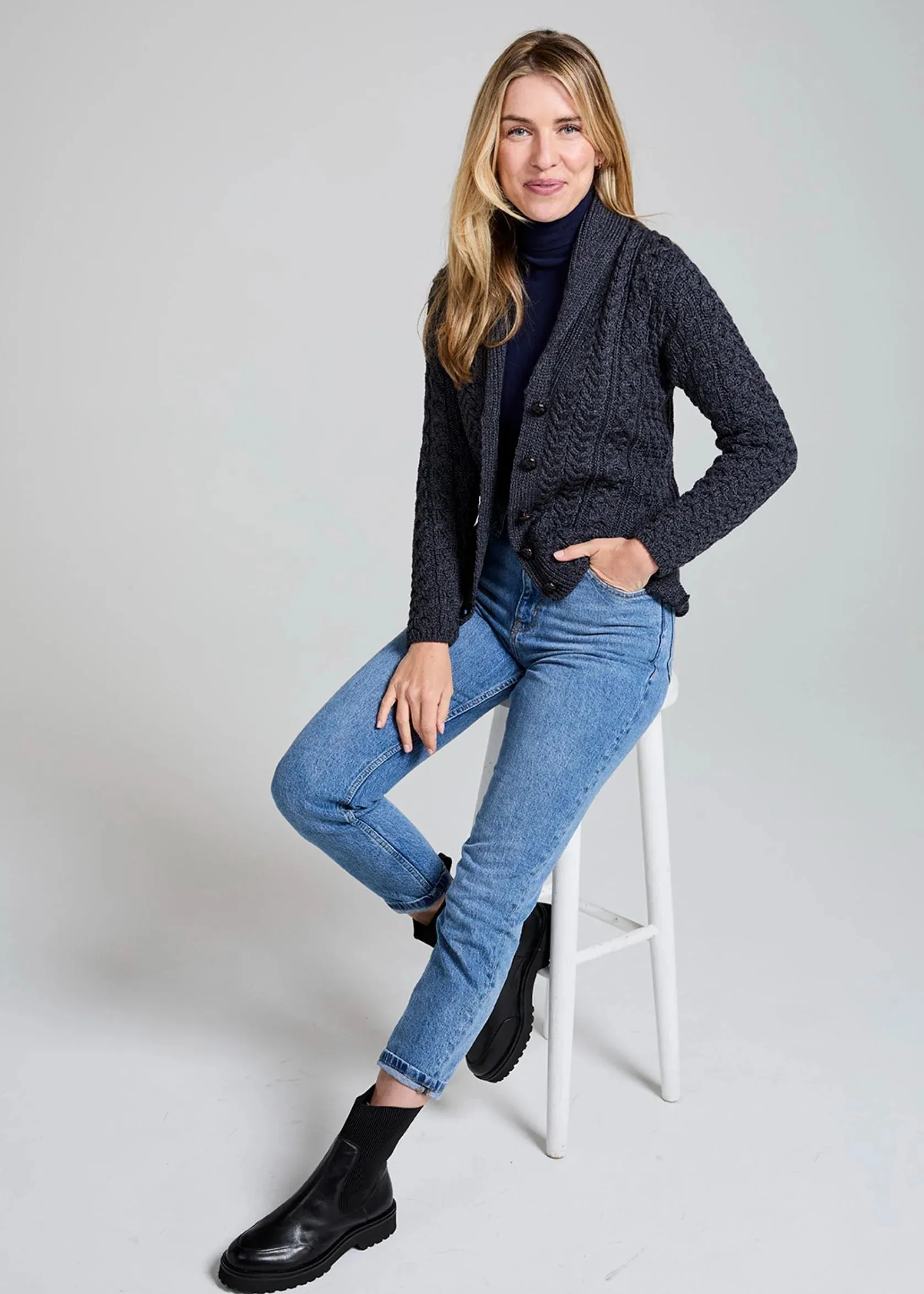 Shawl Collar Aran Cardigan | Charcoal
