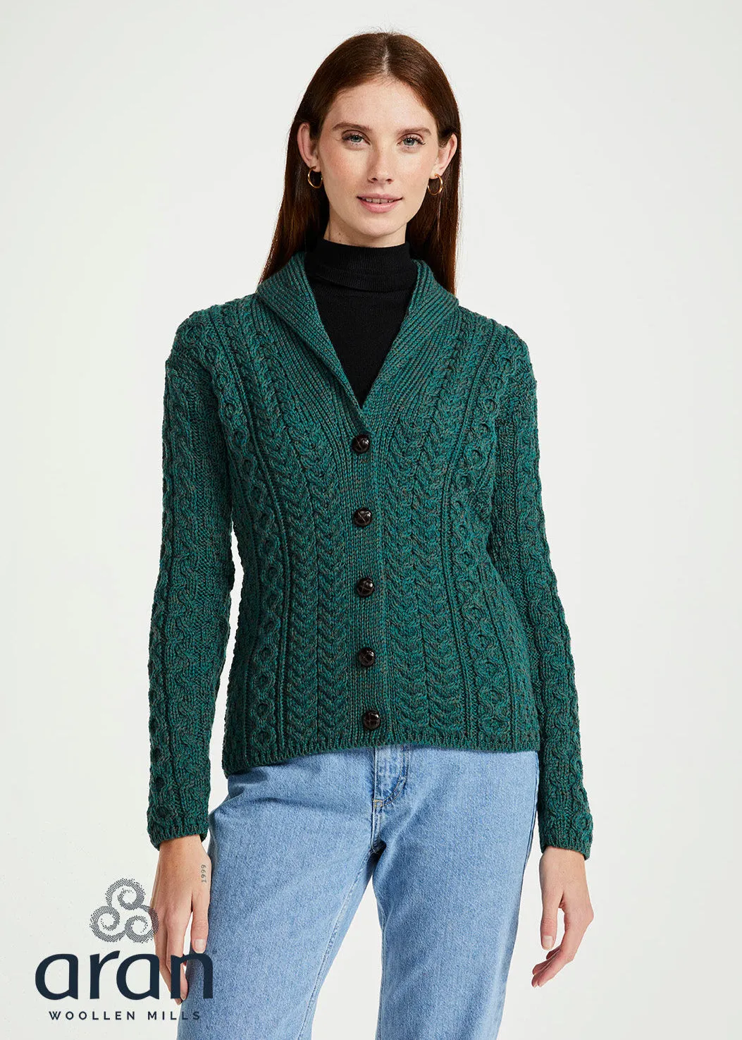 Shawl Collar Aran Cardigan | Connemara Green