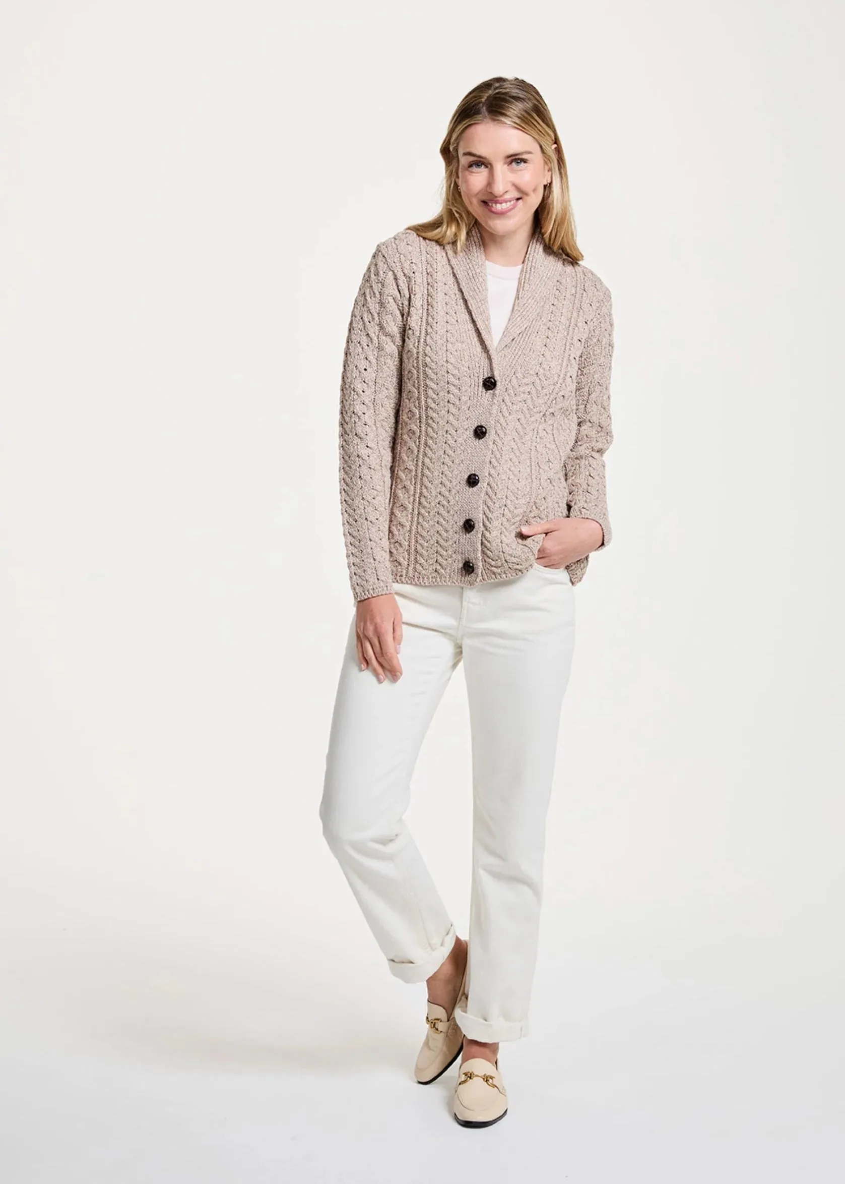 Shawl Collar Aran Cardigan | Oatmeal