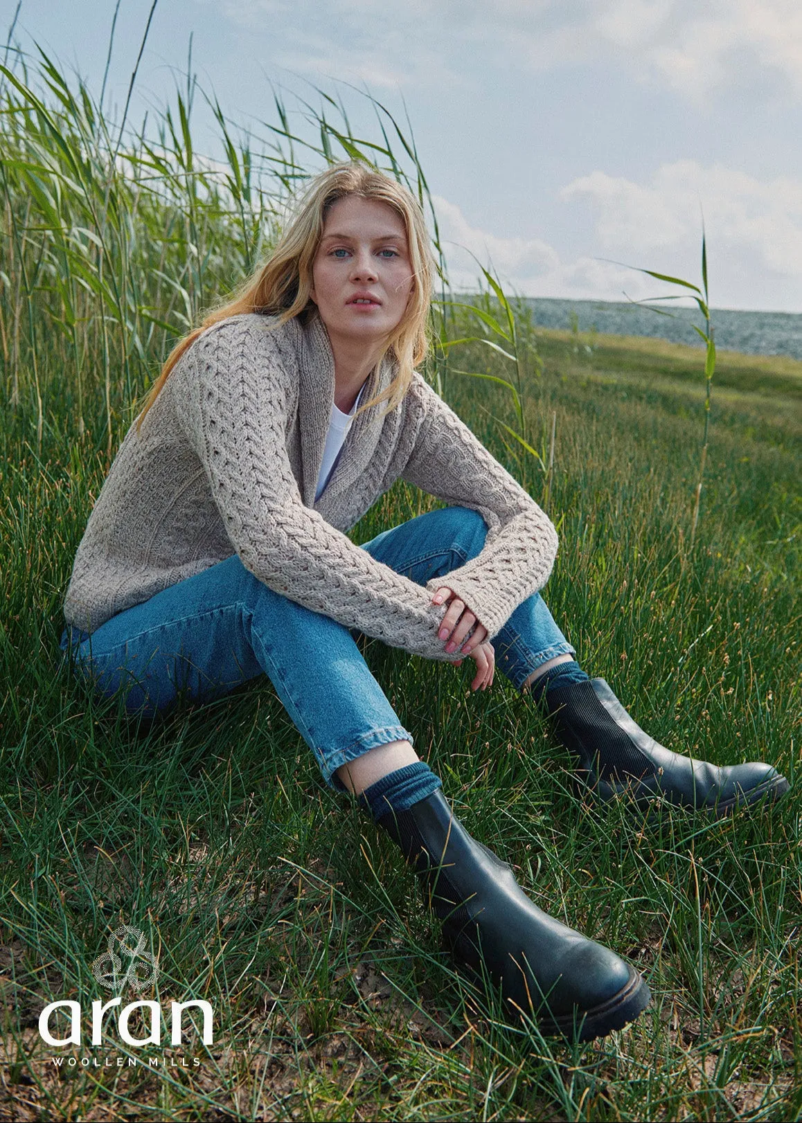 Shawl Collar Aran Cardigan | Oatmeal