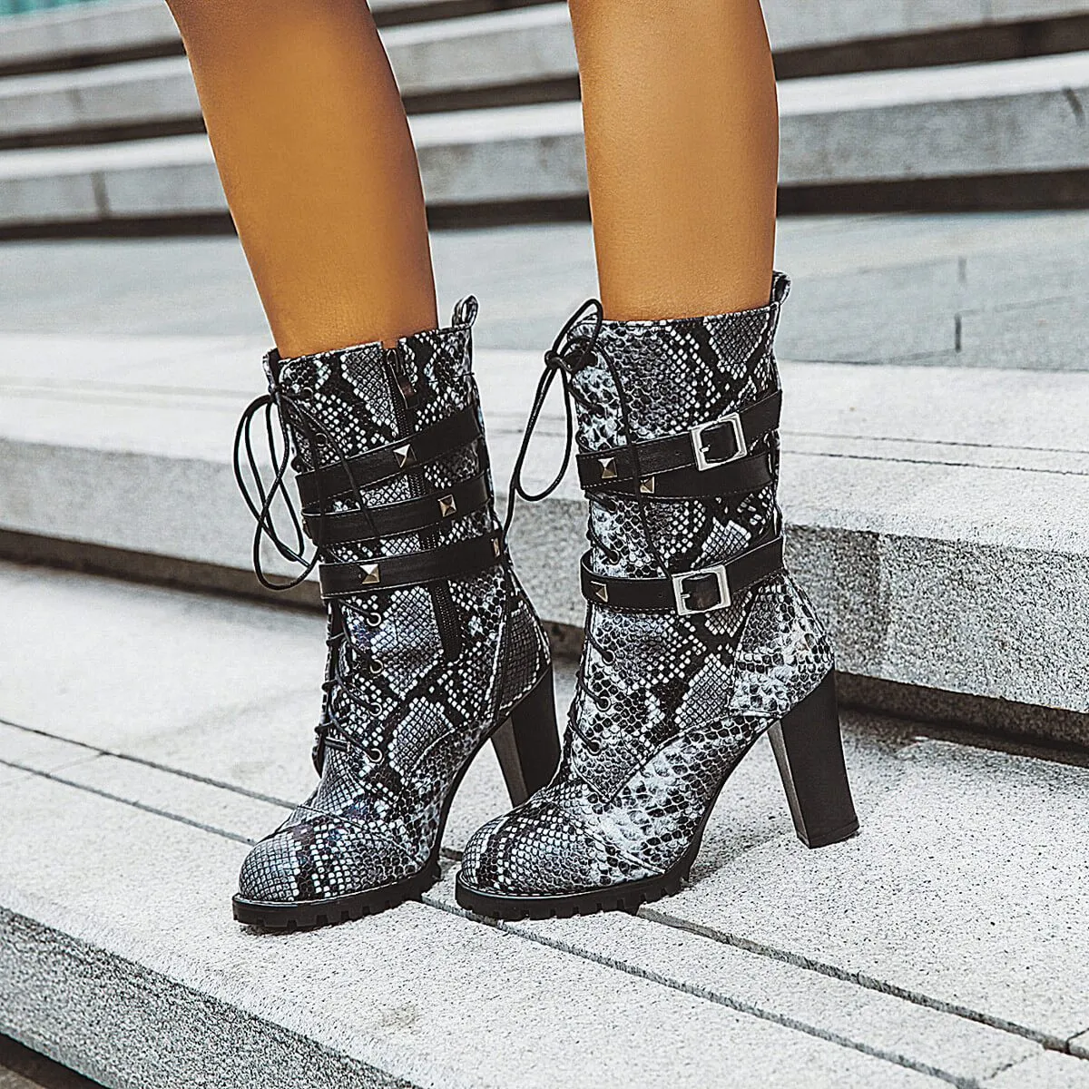 Snakeskin Leather Lace Up High Chunky Heel Boots