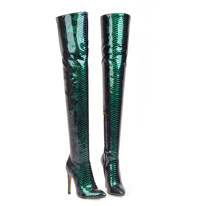 Snakeskin Point Toe High Heel PU Over Knee Boots
