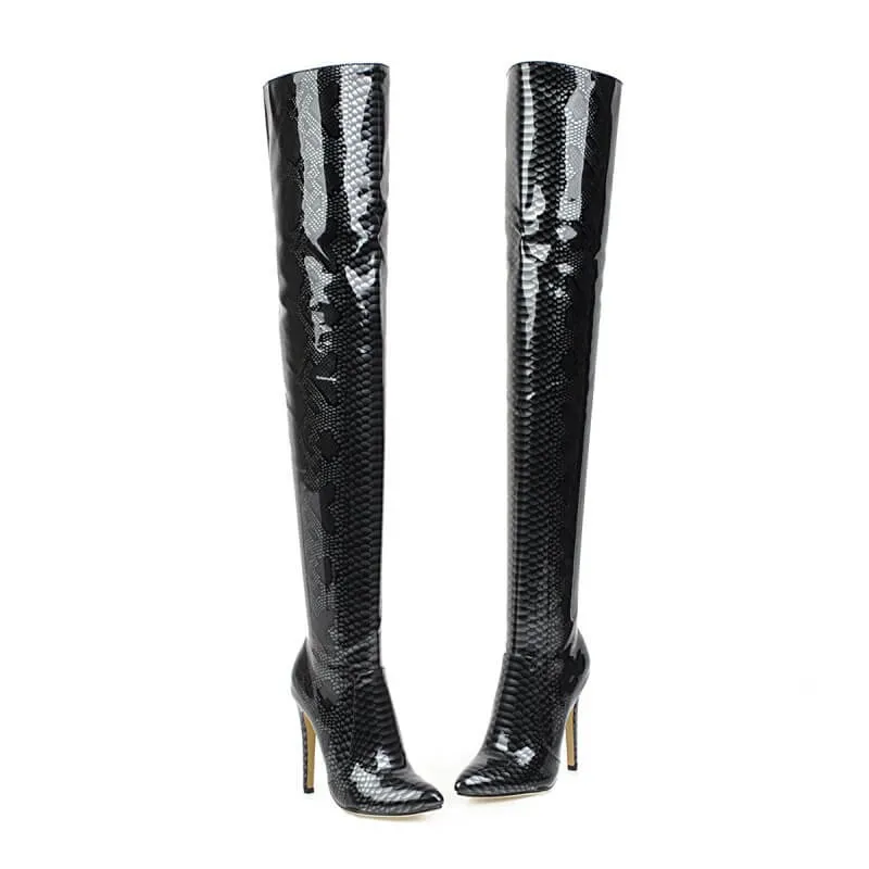 Snakeskin Point Toe High Heel PU Over Knee Boots