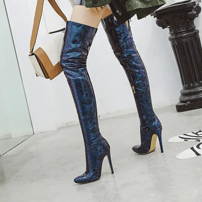 Snakeskin Point Toe High Heel PU Over Knee Boots