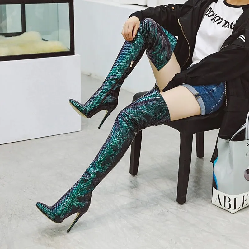 Snakeskin Point Toe High Heel PU Over Knee Boots