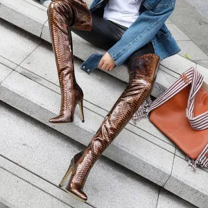 Snakeskin Point Toe High Heel PU Over Knee Boots