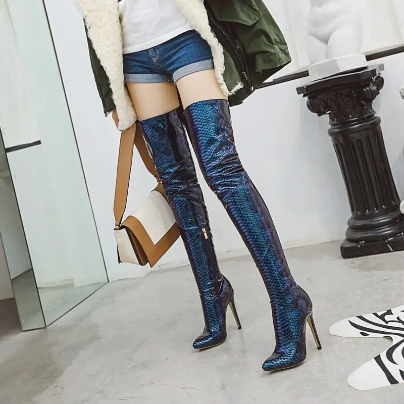 Snakeskin Point Toe High Heel PU Over Knee Boots