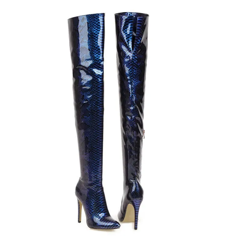 Snakeskin Point Toe High Heel PU Over Knee Boots