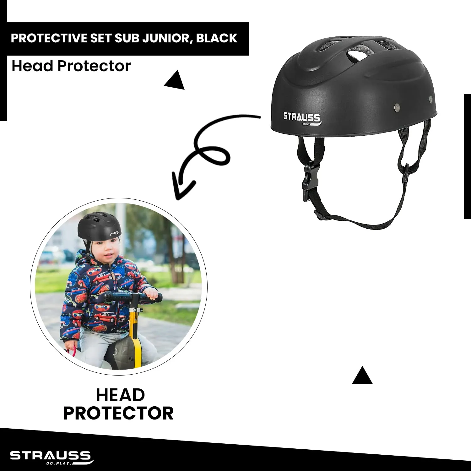 Strauss Professional All-in-One 4 Piece Protective Set for Roller Skating| Skateboarding, Inline Skating, Cycling & Running for Boys & Girls| Size Sub-Junior, (Black)