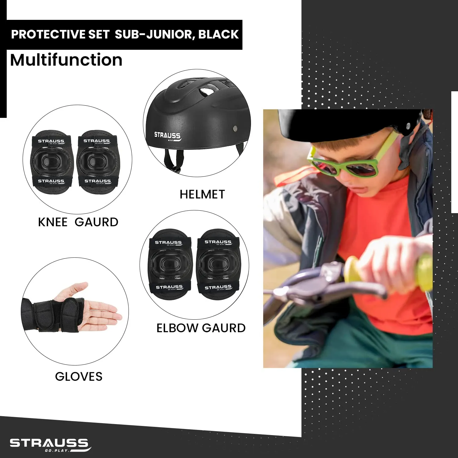 Strauss Professional All-in-One 4 Piece Protective Set for Roller Skating| Skateboarding, Inline Skating, Cycling & Running for Boys & Girls| Size Sub-Junior, (Black)